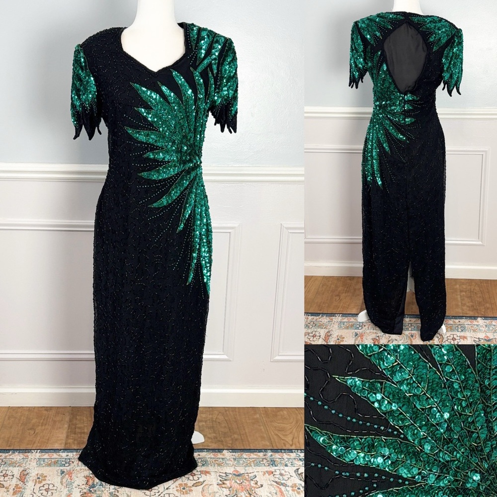 Vintage Carina Black Green Sequin Beaded Dress Size Medium 100% Silk Formal Sz M